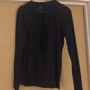 Navy blue top with pink polka dots